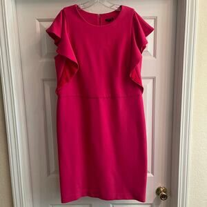 Size 14 Ann Taylor Pink Shift Dress with Ruffle and Contrast Red Lining
